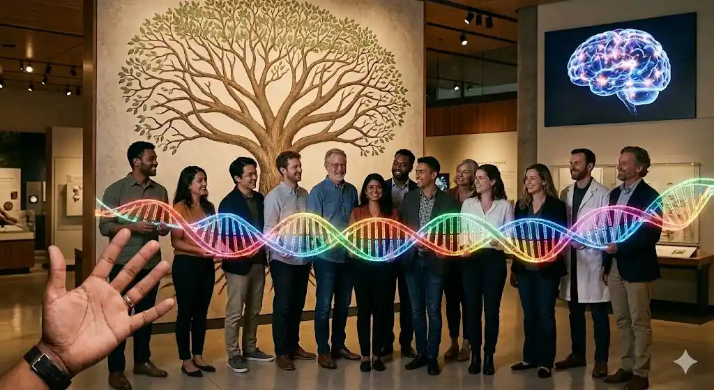 El Largo Aliento de una Idea: El Viaje de Darwin hacia El Origen de las Especies 2 Grupo diverso de personas sosteniendo una cadena de ADN brillante frente al árbol de la vida de Darwin, con una mano mostrando el ratio 2D:4D, ilustrando cómo la evolución de la homosexualidad es una ventaja biológica y no un error.