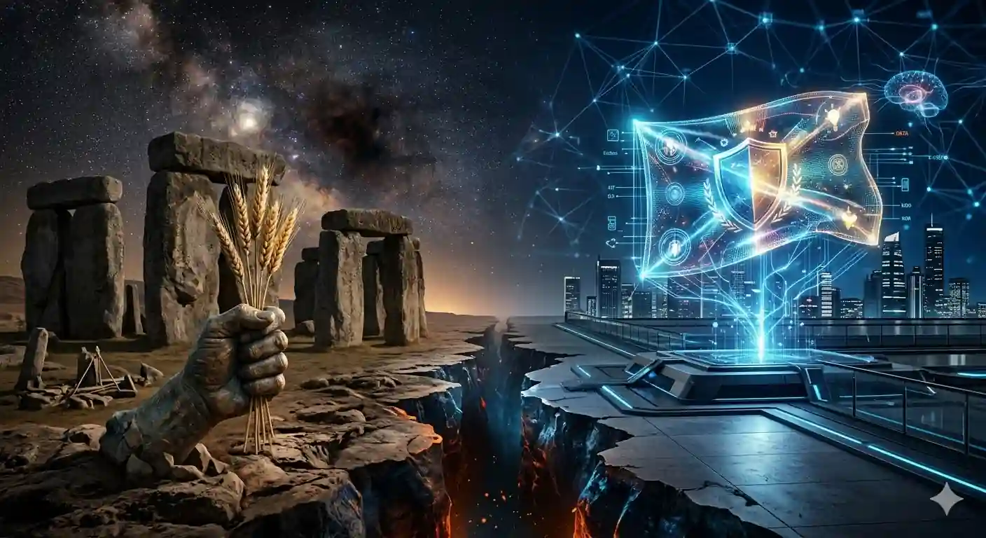 El Largo Aliento de una Idea: El Viaje de Darwin hacia El Origen de las Especies 3 Un concepto visual fotorrealista de la evolución de la civilización humana, mostrando una fractura sistémica entre el Neolítico y el Estado moderno.