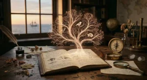 Fotografía conceptual educativa que ilustra el viaje de Darwin y el Origen de las Especies. Muestra un antiguo escritorio de explorador con un diario abierto del que brota un brillante Árbol de la Vida holográfico, simbolizando la evolución, acompañado de un compás náutico y la silueta del barco HMS Beagle al fondo.