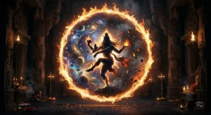 Fotografía conceptual que ilustra el tiempo circular en la mitología asiática, mostrando un anillo cósmico de fuego que representa los ciclos eternos de creación y transformación.
