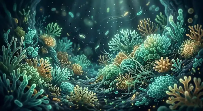 Cómo Desinflamar el Cuerpo: Microbiota y Dieta Antiinflamatoria 2 como desinflamar el cuerpo. Ilustración abstracta de una microbiota intestinal sana y balanceada llena de bacterias protectoras.