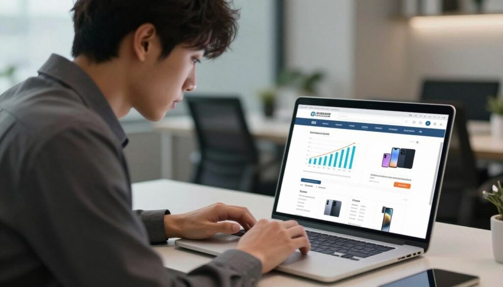 Comprador compara precio y características de un producto en una web Comprador compara precio y características de un producto en una web