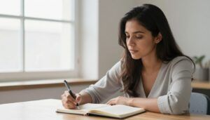 Señales de autismo y TDAH en mujeres adultas infradiagnosticadas 1 Mujer reflexiva sentada junto a una ventana con un diario de notas