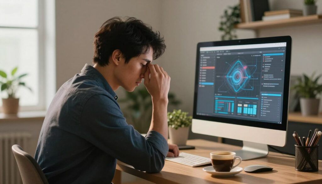 Persona aparta la mirada del monitor para descansar los ojos Persona aparta la mirada del monitor para descansar los ojos