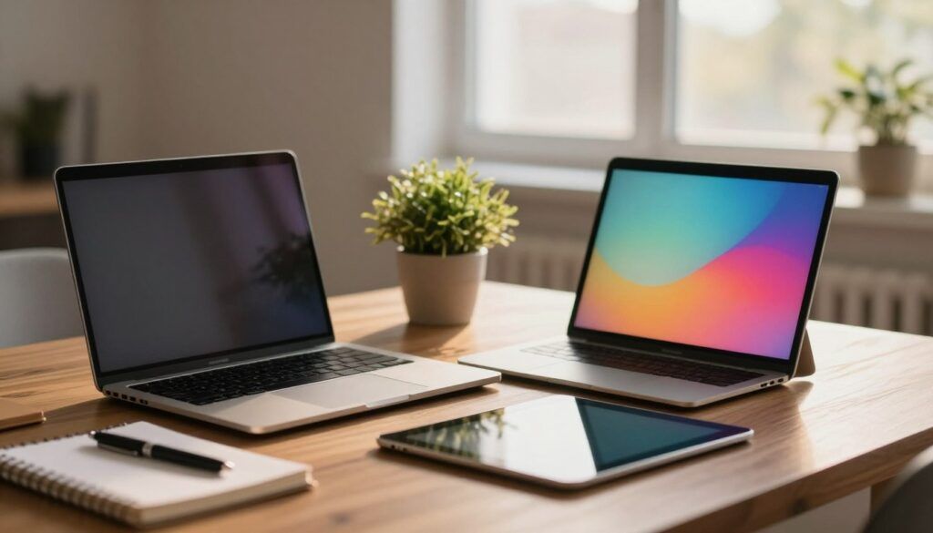 Reflejos de luz sobre dispositivos digitales en una mesa de trabajo Reflejos de luz sobre dispositivos digitales en una mesa de trabajo